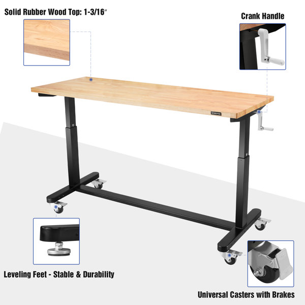 WORKPRO Adjustable Work Table, Wooden Top Workbench with Casters and